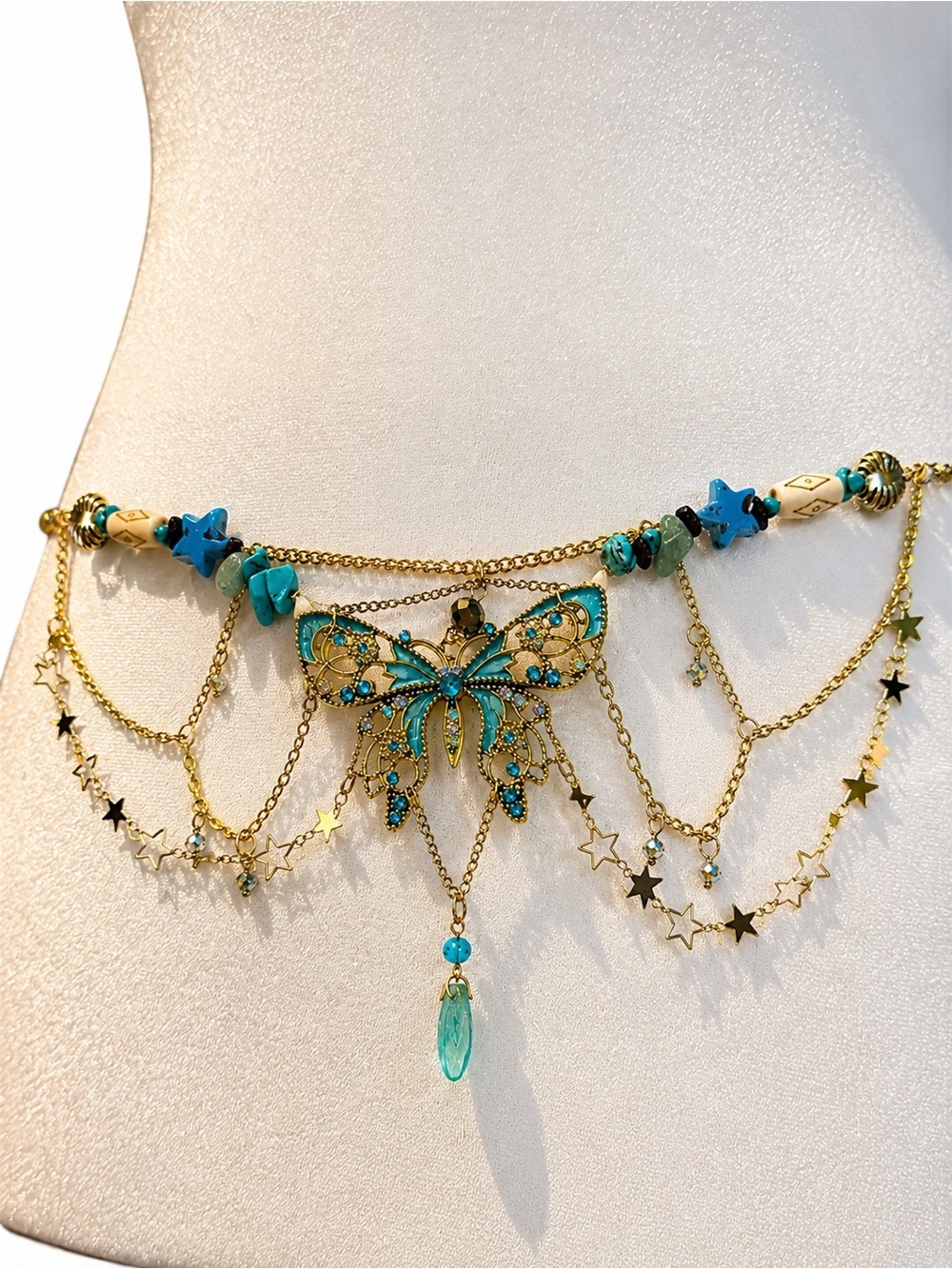 Gold-Tone Butterfly Waist Chain with Turquoise Accents - Picture 2 of 3